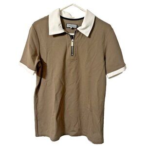 MAUVAIS Men's Collar Quarter Zip Polo Shirt Olive Brown Size Small